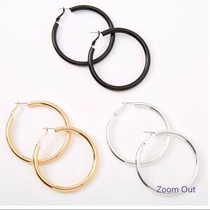 NWT Claire's 3 Pack Gold, Silver & Black Metal 60MM Tube Hoops Earrings